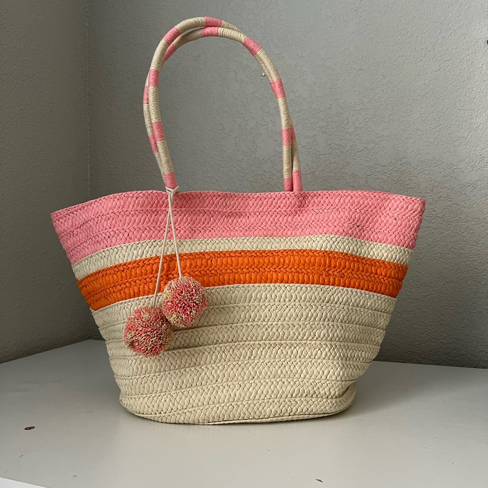 Shein Coral Stripped Tasseled Accent Straw Beach Tote
